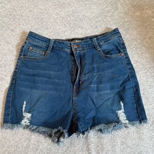 Fashion Nova Dark Blue Distressed Jean Shorts